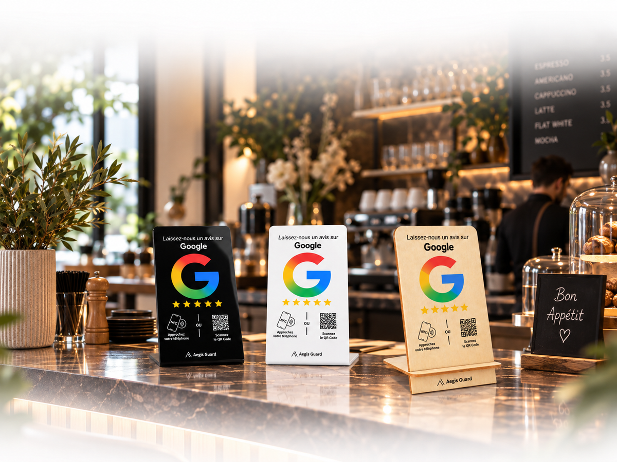 Trois plaques Aegis pour avis Google, en acrylique noir, acrylique blanc et bois naturel, posées sur le comptoir d’un café.