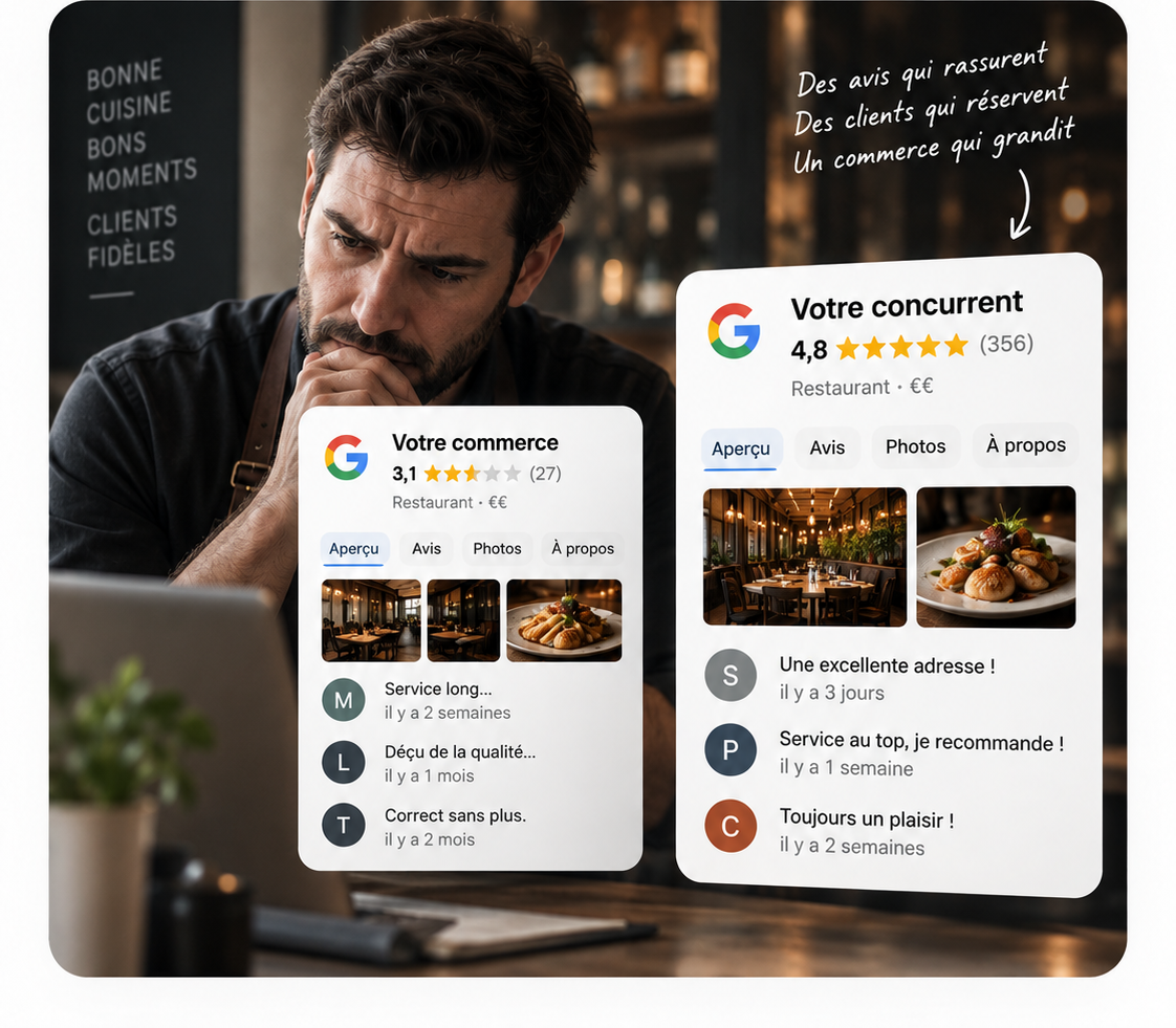 Un commerçant compare sa fiche Google à celle d’un concurrent mieux noté.